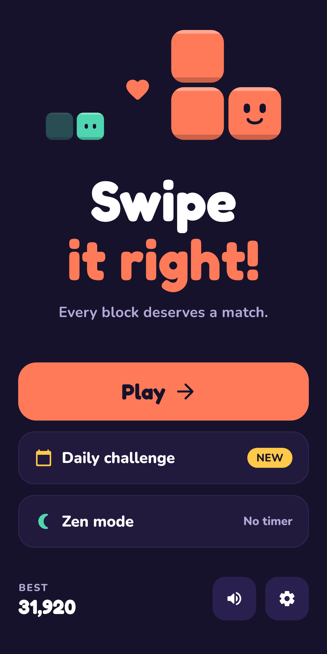 Title screen with smiling block characters and the Play, Daily challenge and Zen mode buttons.