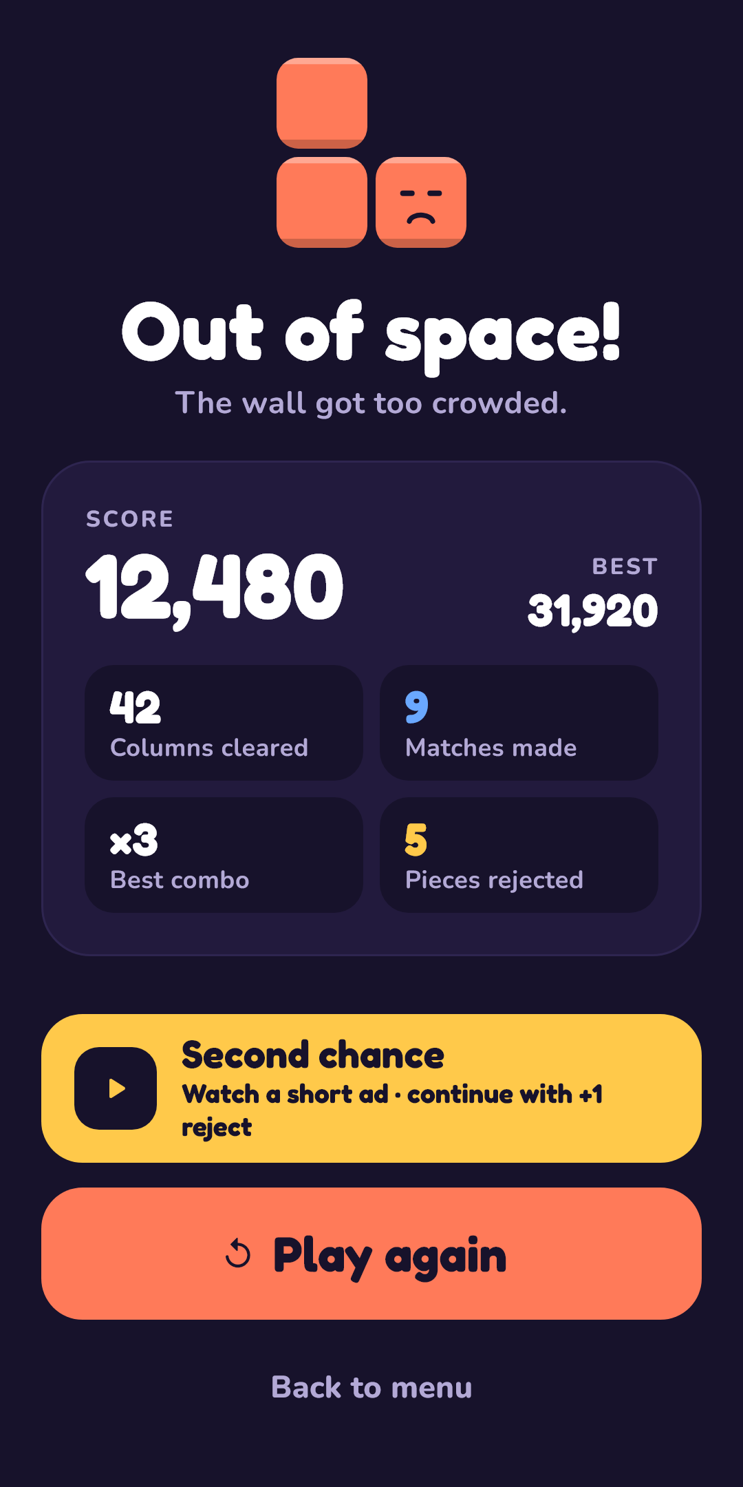 Game over screen with the final score.